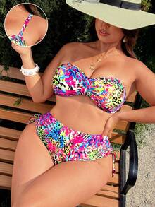 Swim Vcay Plus Size Women 2pcs/Set Random Print Casual Swimwear Set - Multicolor - View 6