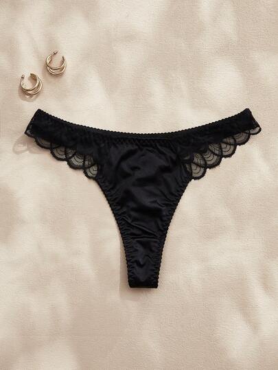 Charlaine 黑色蕾丝拼接缎面斜纹绸浪漫法式优雅精致女士丁字裤，适合度假、婚礼、日常穿着