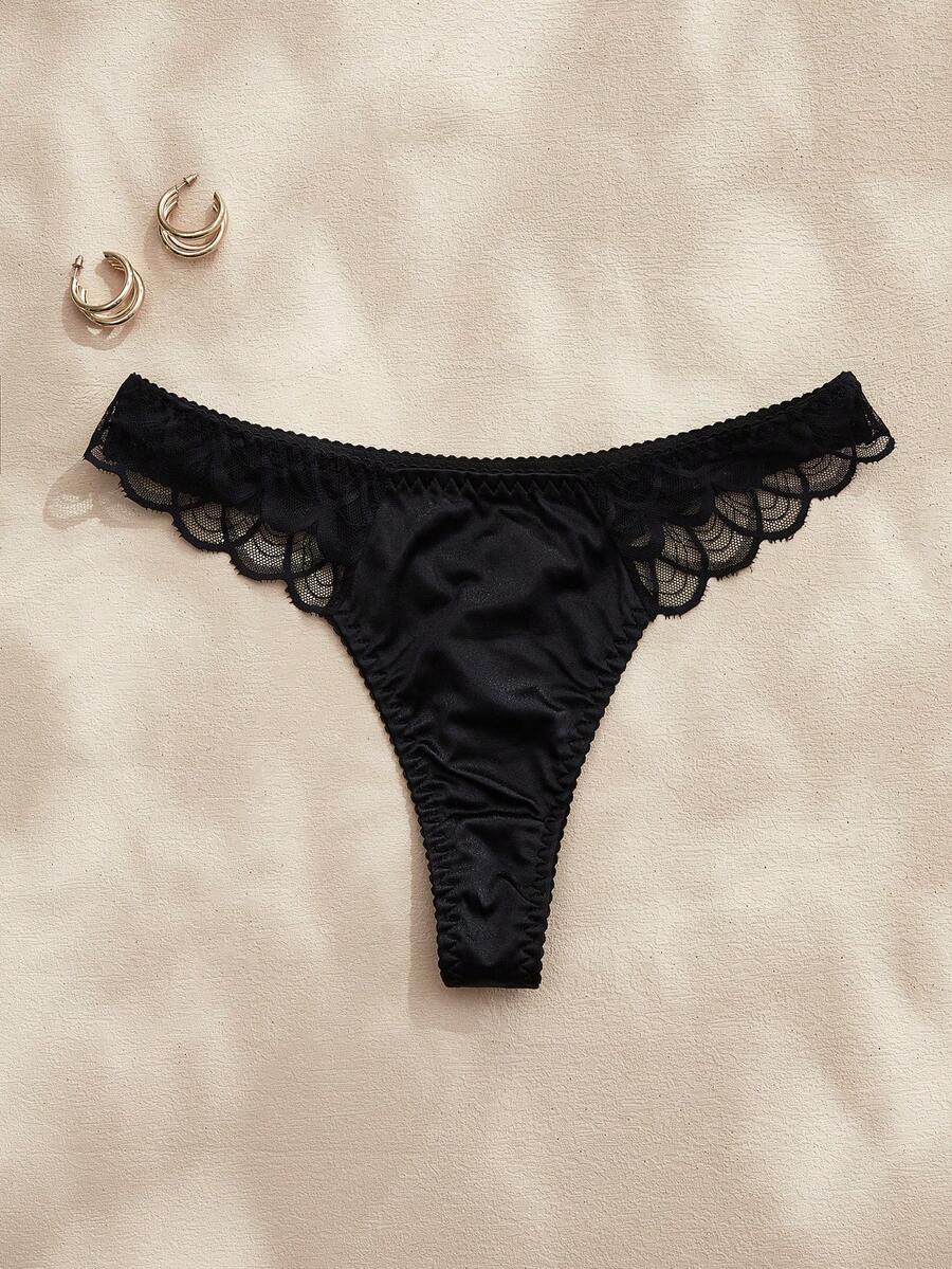 Charlaine Perizoma elegante da donna in stile francese romantico, in pizzo nero e raso charmeuse, adatto per vacanze, matrimoni e uso quotidiano - nero - Visualizzare 1