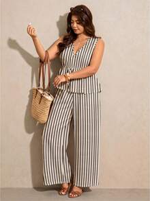 SHEIN Elaquor Bộ đồ thể thao gồm áo tank top cổ chữ V kẻ sọc phối màu tương phản và quần ống rộng, thích hợp cho mùa hè, kỳ nghỉ hoặc đi làm. - Nhiều màu - Xem 4
