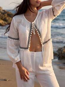 Women Eyelet Embroidery Detailed Front Tie Boho Blouse - White - View 2