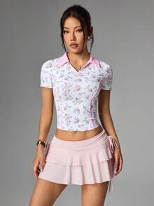 SHEIN Sovereign Charm Women's Floral Plaid Digital Print V-Neck Short Sleeve Sports Polo Shirt For Workout & Outdoor Activities - White - View 3
