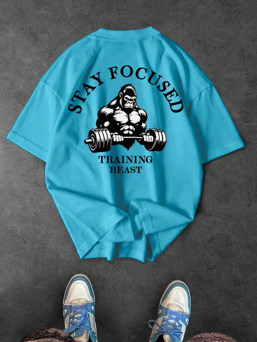 Sport MetroGents Men's Round Neck Short Sleeve Letter Print Casual Sports T-Shirt Top, Summer, Gym - Baby Blue - View 1