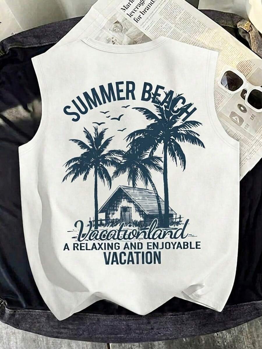 Tween Boy Casual Minimalist, Vacation Style, Tropical Plant & Leaf Print, Loose Comfortable Wide Shoulder Round Neck Tank Top, Suitable For Summer - White - View 1
