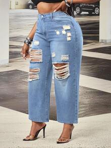 Slaydiva Plus Size Women Spring Blue Inelastic Distressed Straight Leg Jeans, Cowgirl - Light Wash - View 5