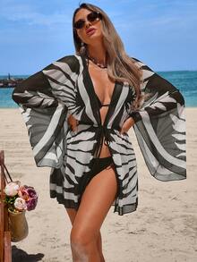 Swim Lushoire Women's Vacation Beach Mesh Shell Digital Print Flare Sleeve Elastic Waist Drawstring Tie Vacation Kimono Robe - Black - View 4