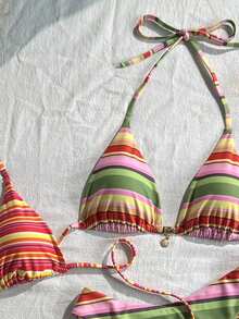 Swim Mod Bộ bikini 4 mảnh cổ yếm kẻ sọc nhiều màu sắc mùa xuân/hè 2026 thích hợp cho kỳ nghỉ biển. - Nhiều màu - Xem 3