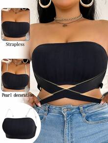 Plus Size Wireless Bra, Thin Comfortable Front Closure Gather Lift Pearl Strap Bra, 1pc Strapless Bra For Plus Size Plus Size Bra - Black - View 3
