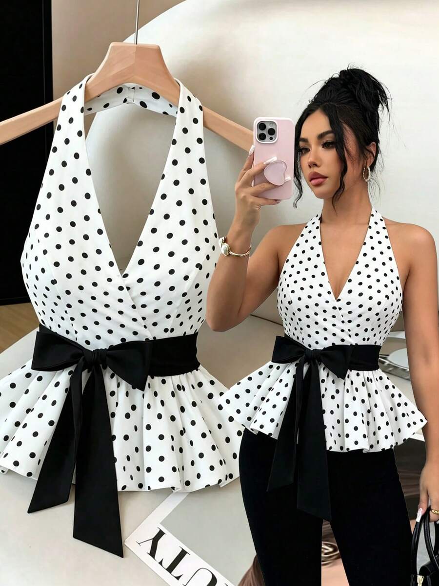 GlowEve Women's Elegant Sexy Polka Dot Print Scarf With Contrast Color Bow Tie Strap, Summer Golf White - White - View 1