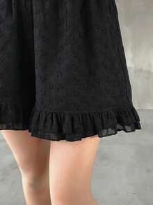 FRIFUL 女士夏季休闲网纱刺绣荷叶边短裤 - 黑色 - 查看 7