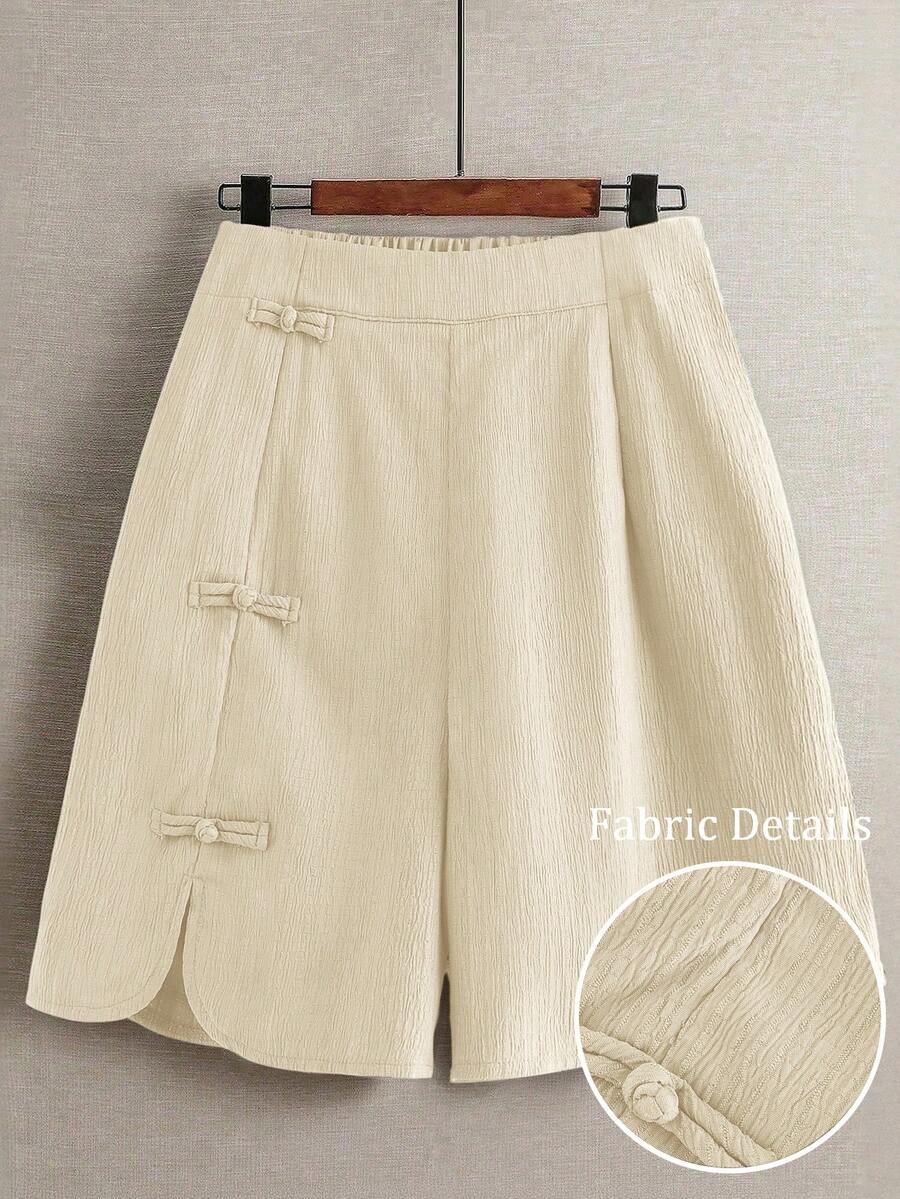 Linhara Plus Size Women's Summer Casual, Commute & Daily Wear Elastic Waist Round Hem Slit Design Chinese Knot Decor Button Shorts - Apricot - View 1