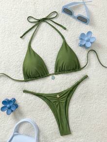 Soleia 女士简约纯色露背系带挂脖比基尼套装，适合海滩和度假 - 墨綠色 - 查看 1