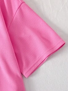 SHEIN Set Kaos dan Celana Pendek Rajut Lembut Kasual Warna Pink Polos dengan Kerah Bulat dan Cetakan Slogan Bahasa Inggris untuk Anak Perempuan Remaja. - Berwarna merah muda - View 3