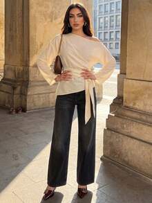 Elenzga Áo sơ mi dài tay nữ màu trơn có khóa cài hình tròn - Màu be - Xem 7