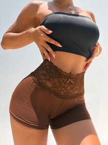 SHEIN SXY Women's Coffee Brown Lace Patchwork Super Shorts,High Waisted Bodycon Biker Shorts For Summer,Gym,Gay,Active Sport,Night Out Comfortable Gym Shorts - Brown - View 4