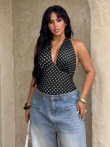 Rustia 夏季新款优雅度假法式可爱甜美波点印花露背深V领连体裤，收腰设计，露背沙滩装 - 黑與白 - 查看 6