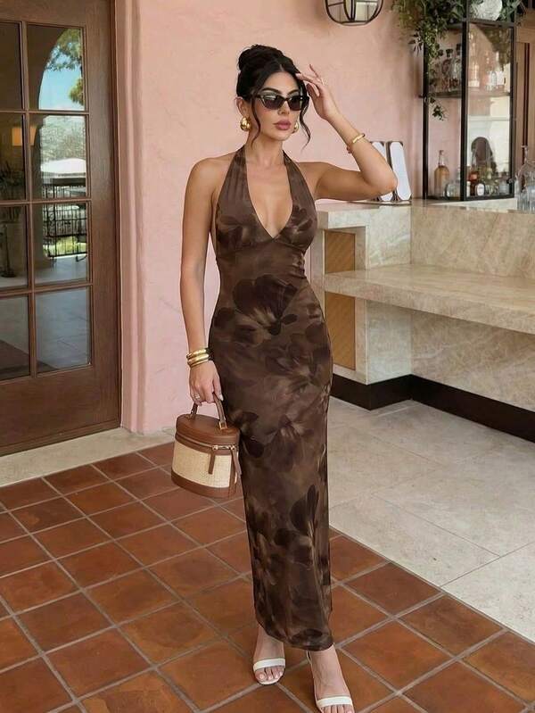 Firerie New Elegant Romantic Brown V-Neck Tie-Dye Floral Print Fitted Dress, Brown Dress, Summer Dress, Beach Holiday Outfit,Summer Dresses For Women