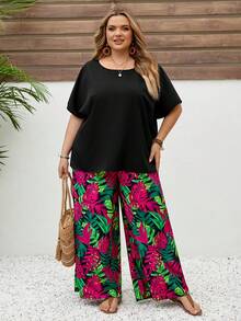 SHEIN CURVE+ 大码两件套音乐节、海滩度假波西米亚风女式宽松衬衫和碎花裤套装，夏季服装 - 彩色 - 查看 4