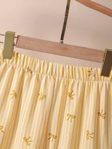 2pcs/Set Girls Pink Striped Textured Fabric Short Sleeve Shirt And Casual Pants,Cute Summer White Family Matching Outfit,Collared Button-Up Bow Top - Yellow - View 5