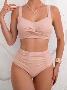 Voyashape Bộ đồ bơi nữ đi biển, chất liệu vải dệt họa tiết, thiết kế xếp ly chéo. - Hồng - Xem 5