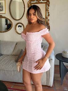 Maria Perezxox 女士甜美提花镂空性感露肩休闲修身连衣裙，春夏款 - 粉色 - 查看 4