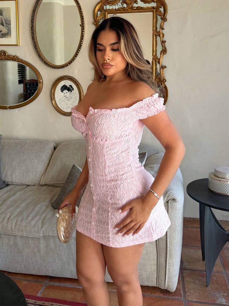 女士甜美提花镂空性感露肩休闲修身连衣裙，春夏款 - 粉色 - 查看 4