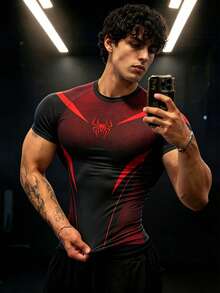 GymBeat 男士蜘蛛印花插肩短袖运动T恤，夏季 - 彩色 - 查看 1