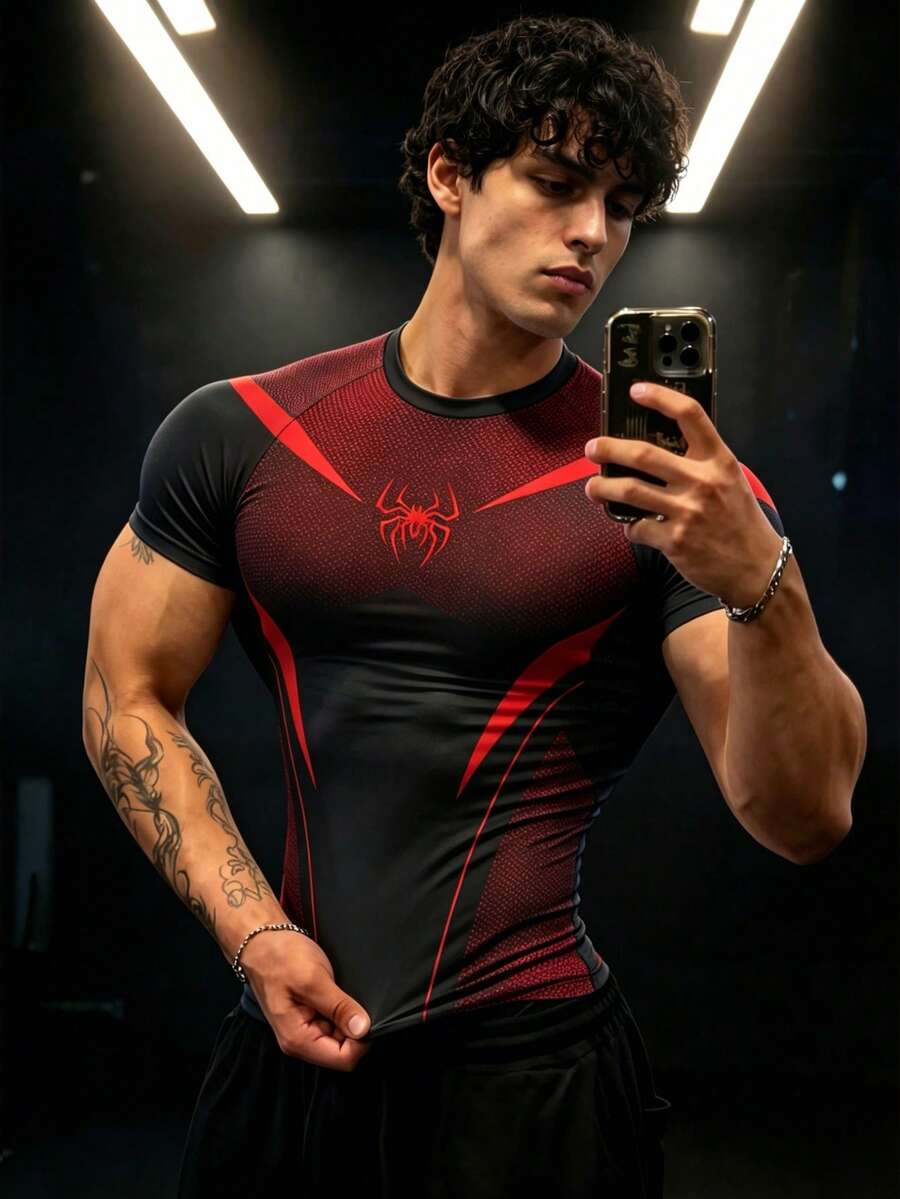 GymBeat 男士蜘蛛印花插肩短袖运动T恤，夏季 - 彩色 - 查看 1