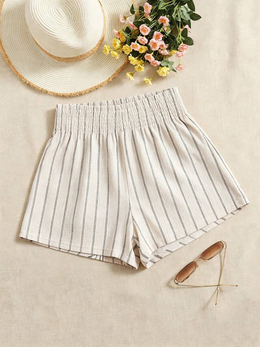 Travachic Women's Summer Vacation Elastic Waist Textured Striped Shorts, Beach Outfits, Boho - Apricot - View 1