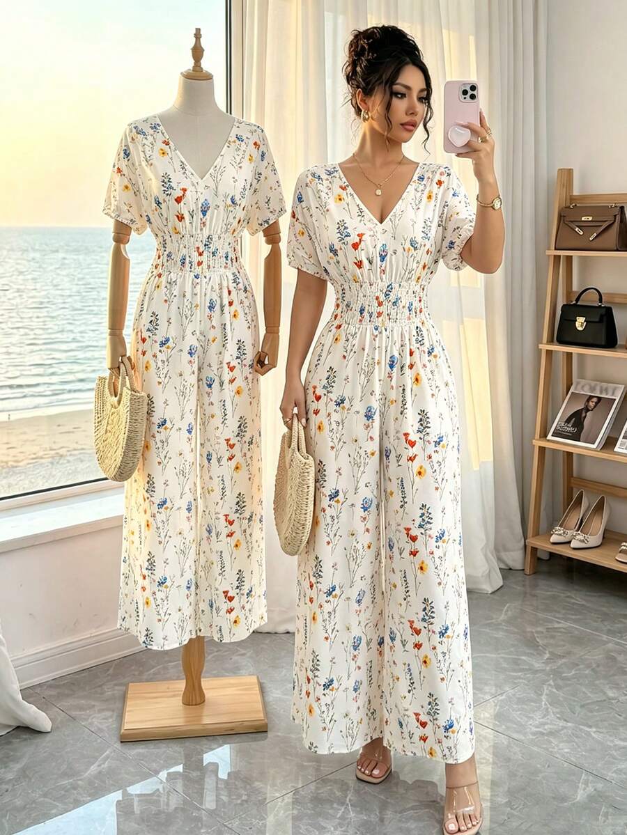 SHEIN Elenzya 女士夏季优雅碎花褶皱连体裤，腰部收褶，长袖 - 彩色 - 查看 1