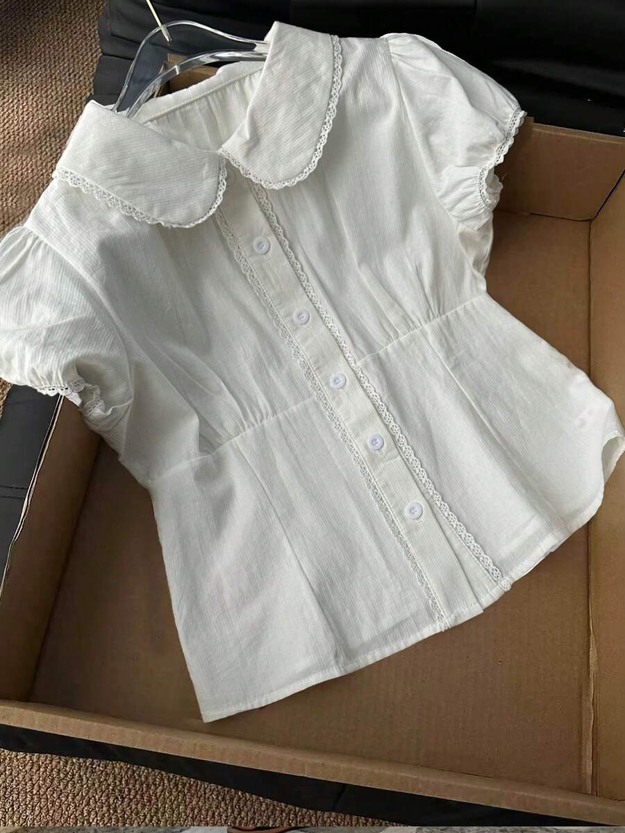 GlowEve CURVE Plus Size Women's Solid Color Peter Pan Collar Single-Breasted Casual Versatile Daily Shirt - White - View 1
