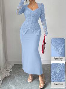 Modelyn Square Neck Lace Patchwork Button Waist Fitted Plus Size Dress For Women Fall - Blue - View 7