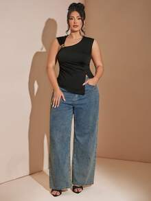 SHEIN BAE 大码女式黑色不对称下摆针织上衣，饰有金属装饰 - 黑色 - 查看 5