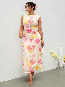 Firerie Plus Size Women's Elegant White Summer Floral Maxi Dress Wedding Guest Vacation Party Tea Graduation Fitted Sleeveless Mesh V-Neck Ruffle - Multicolor - View 6