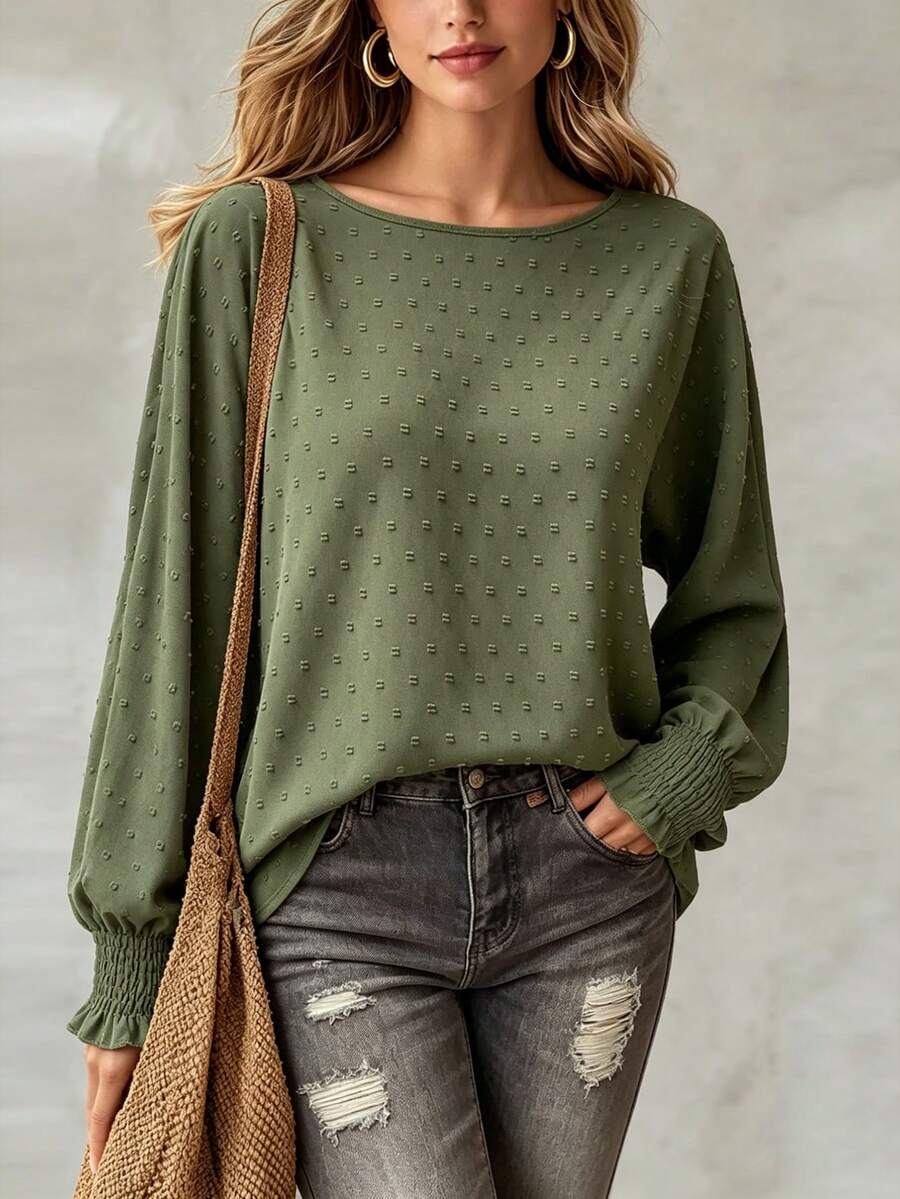 LUMIGAL Women's Jacquard Shirred Cuffs Blouse - Army Green - View 1