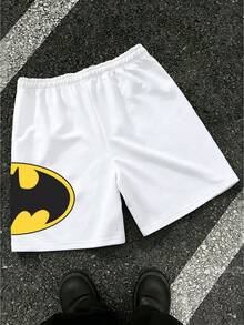 BATMAN X SHEIN Manfinity EMRG Quần short nam kiểu dáng thường ngày, in chữ và hình con dơi, có dây rút. - trắng - Xem 3