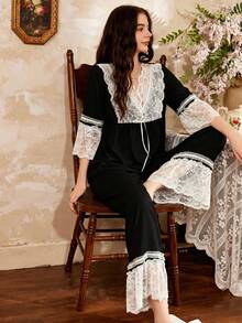 Côtesoire Bộ đồ ngủ nữ ren thanh lịch kiểu Pháp lãng mạn - màu đen - Xem 4