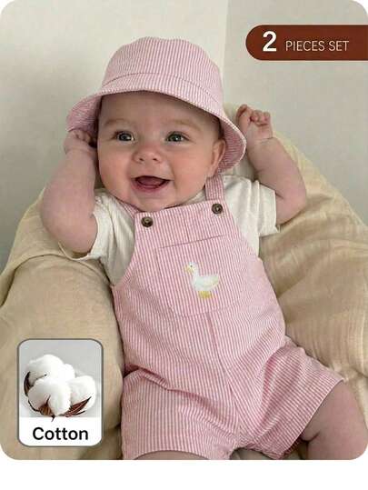 SHEIN Ensemble barboteuse et chapeau rayé mignon de canard de dessin animé polyvalent pour bébé garçon nouveau-né en été