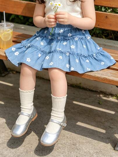 Vintaside Kids Vestido casual de 3 capas con volantes y estampado floral azul clásico para niñas, adecuado para uso diario, fiestas, vacaciones y estilo campestre