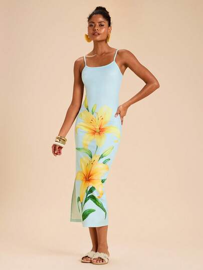 Travachic Vestido de verano elegante con estampado, de tirantes finos y ajuste ceñido para vacaciones