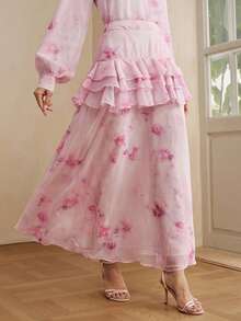Anewsta Chân váy dài in hoa hồng màu hồng nhạt tươi tắn, viền xếp ly, kiểu dáng mùa xuân/hè dành cho nữ, thích hợp làm chân váy đi nghỉ mát. - Màu Hồng baby - Xem 4