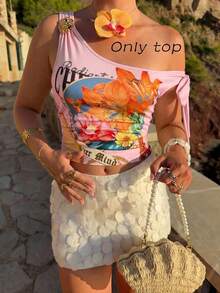 SHEIN MOD Plus Size Printed Metal Buckle Bowknot Shoulder Top - Pink - View 4