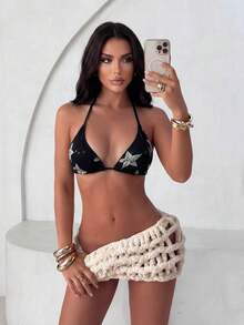 SHEIN Swim Contrast Color Star Sequin Halter Bikini Top, Sexy Micro Triangle For Summer Beach Vacation - Black and White - View 6