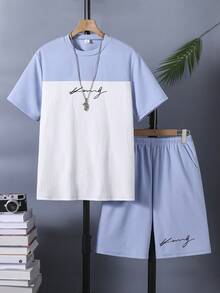 SHEIN 2件套青少年男童夏季撞色字母拼接圆领短袖T恤和户外休闲时尚3D字母运动短裤 - 藍白色 - 查看 3