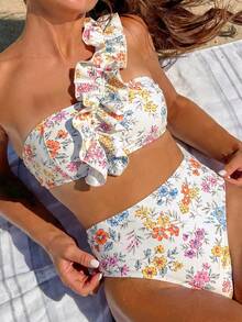 Swim Vcay Women's Summer Vacation Beach Casual Halter Floral Print Top And High Waist Floral Print Bikini Bottoms 2-Piece Swimwear - Multicolor - View 8