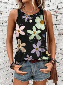 EMERY ROSE Plus Size Casual Floral Print Round Neck Tank Top, Summer - Multicolor - View 4