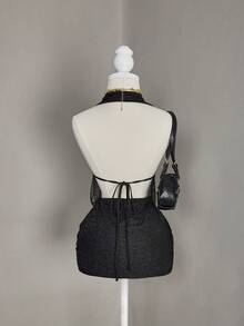 Bellisia 2026 性感串珠网纱深V领迷你连衣裙，适合音乐会和派对等场合 - 黑色 - 查看 2