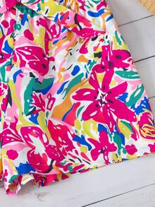 Conjunto de 2 piezas de top de tirantes con estampado floral tropical y shorts de cintura alta para niña preadolescente - Negro - Ver 5