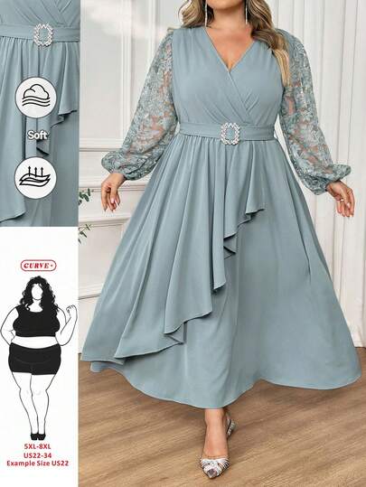 SHEIN CURVE+ Đầm maxi dáng rộng tay phồng xếp tầng màu trơn dành cho nữ cỡ lớn