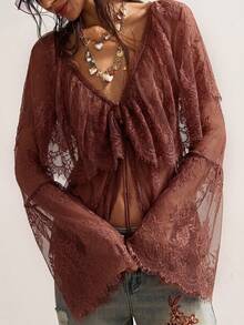 Bohemela Women's Casual Solid Color Knit Lace V-Neck Flare Sleeve Ruffle Hem Blouse - Coffee Brown - View 5